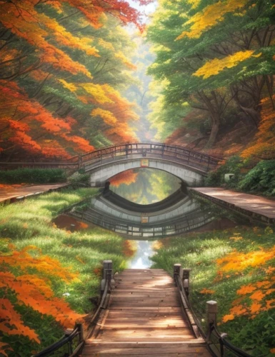 wooden bridge,scenic bridge,autumn in japan,autumn scenery,japan landscape,autumn background,autumn forest,autumn landscape,rainbow bridge,wooden path,walkway,landscape background,forest path,fall landscape,tree lined path,germany forest,nature landscape,beautiful japan,the mystical path,log bridge