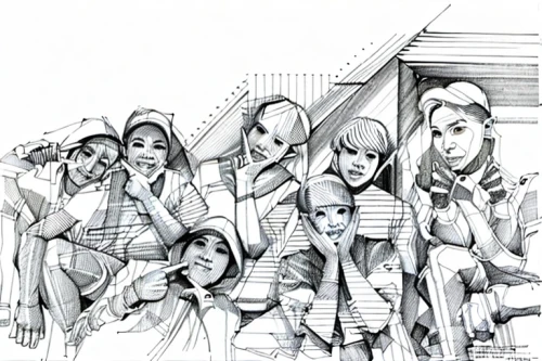 cd cover,fashion illustration,mono-line line art,line drawing,sewing pattern girls,line-art,hand-drawn illustration,group of people,mono line art,summer line art,cover,animal line art,sci fiction illustration,illustrations,figure group,album cover,group,coloring page,pencils,seven citizens of the country