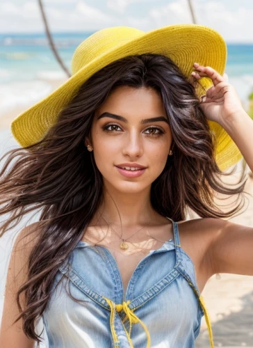 beach background,yellow sun hat,indian girl,indian,sombrero,kajal,sun hat,womans seaside hat,mauritius,indian woman,humita,east indian,yellow background,indian celebrity,high sun hat,girl wearing hat,arab,indian girl boy,yellow purse,yellow,Common,Common,Natural,Common,Common,Natural