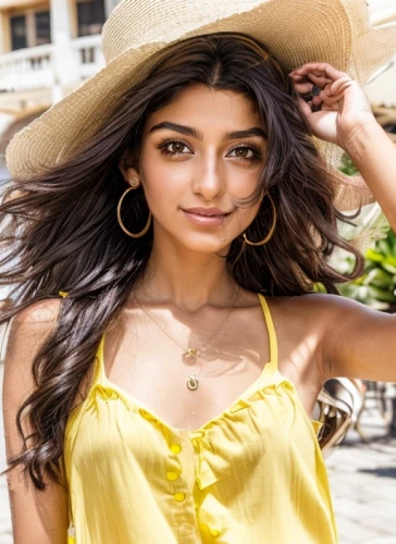 yellow sun hat,indian girl,yellow jumpsuit,sombrero,yellow purse,sun hat,high sun hat,indian,yellow background,yellow,persian,beach background,girl wearing hat,humita,beautiful young woman,rosa bonita,straw hat,pretty young woman,kajal,yellow color,Common,Common,Natural,Common,Common,Natural,Common,Common,Natural