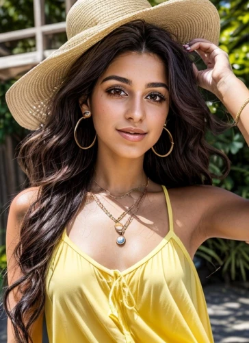 yellow sun hat,sun hat,high sun hat,sombrero,summer hat,indian girl,girl wearing hat,indian,yellow jumpsuit,fedora,pooja,humita,rosa bonita,panama hat,persian,hat,beret,straw hat,kamini,leather hat,Common,Common,Natural,Common,Common,Natural