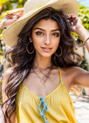 yellow sun hat,indian girl,indian,kajal,sombrero,girl wearing hat,high sun hat,sun hat,hula,indian woman,moana,pooja,yellow jumpsuit,beautiful young woman,summer hat,humita,east indian,yellow background,persian,radha,Common,Common,Natural,Common,Common,Natural