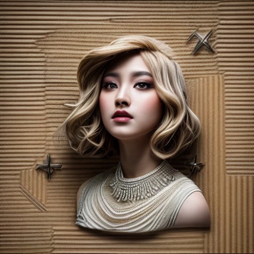 janome chow,cardboard background,portrait background,photo manipulation,art deco woman,han thom,fantasy portrait,asian woman,golden ratio,kraft paper,japanese woman,golden haired,photoshop manipulation,short blond hair,jewelry（architecture）,mary-gold,golden cut,blonde woman,asian vision,gold jewelry