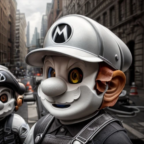 super mario brothers,fuel-bowser,mario bros,mascot,mario,super mario,anthropomorphized animals,anthropomorphized,motorcycle helmet,anthropomorphic,petrol-bowser,traffic cop,officer,construction helmet,luigi,policeman,mozilla,new york streets,the mascot,criminal police,Common,Common,Commercial,Common,Common,Commercial