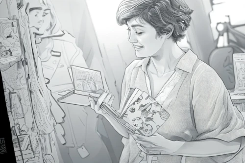 book illustration,illustrator,seamstress,woman holding a smartphone,sci fiction illustration,japanese woman,coffee tea illustration,comic halftone woman,camera illustration,the girl at the station,hand-drawn illustration,meticulous painting,game illustration,drawing course,study,woman shopping,artist portrait,pencils,watercolor shops,illustrations