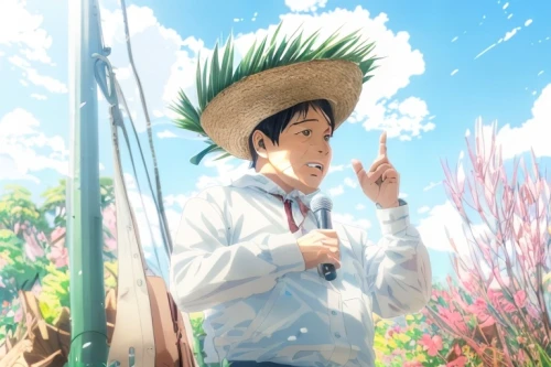 rice straw broom,yamada's rice fields,straw hat,sombrero mist,flower broom,studio ghibli,sombrero,high sun hat,coconut hat,straw flower,picking flowers,flower hat,holding a coconut,miguel of coco,mariachi,flower background,the rice field,shouta,anime japanese clothing,straw hats,Common,Common,Japanese Manga,Common,Common,Japanese Manga