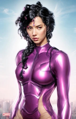 super heroine,scarlet witch,rosa ' amber cover,purple,fantasy woman,gradient mesh,jaya,head woman,muscle woman,hard woman,la violetta,digital compositing,marvel comics,superhero comic,comic character,malva,sci fiction illustration,dodge la femme,purple skin,catarina