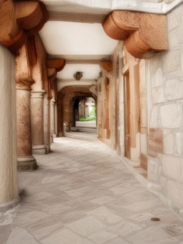 cloister,walkway,sandstone wall,hallway,entry path,hallway space,corridor,romanesque,inside courtyard,colonnade,medieval architecture,vaulted ceiling,3d rendering,pillars,wooden beams,patio,stonework,courtyard,arches,terracotta tiles