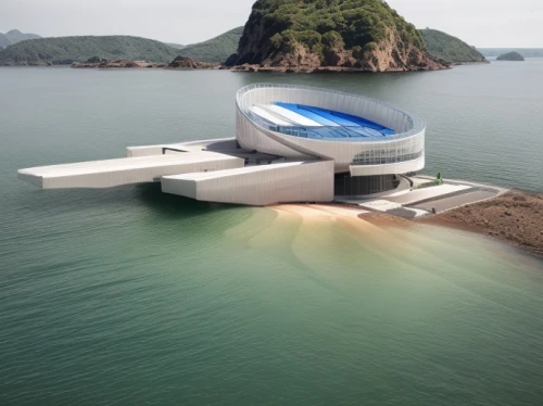 infinity swimming pool,artificial island,floating stage,floating island,concrete ship,niterói,futuristic art museum,island suspended,futuristic architecture,house by the water,house of the sea,floating huts,artificial islands,sunken church,pool house,aqua studio,floating islands,dunes house,house with lake,very large floating structure