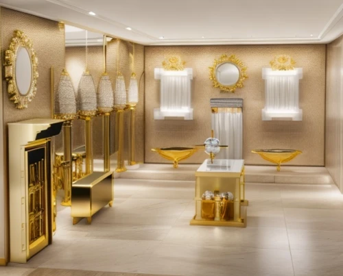 gold bar shop,gold shop,beauty room,jewelry store,luxury bathroom,gold wall,gold ornaments,interior decoration,salon,gold lacquer,luxury home interior,beauty salon,art deco,royal interior,interior decor,luxury accessories,luxury hotel,gold jewelry,spa items,versace,Product Design,Jewelry Design,Europe,Statement Glam