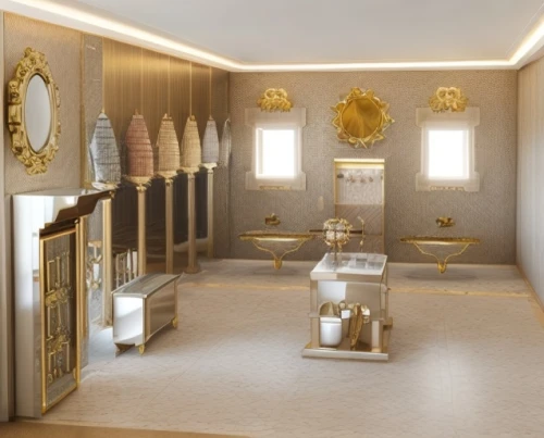 luxury bathroom,beauty room,gold bar shop,interior decoration,luxury home interior,gold lacquer,ornate room,gold wall,bridal suite,salon,gold ornaments,gold shop,danish room,interior design,dressing table,jewelry store,parlour,interior decor,royal interior,3d rendering,Product Design,Jewelry Design,Europe,Statement Glam