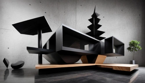 steel sculpture,dark cabinetry,cubic house,archidaily,cube house,modern decor,cube stilt houses,danish furniture,contemporary decor,sideboard,corten steel,japanese architecture,cube surface,black table,wooden shelf,modern architecture,bookend,interior modern design,geometric style,forms,Product Design,Furniture Design,Modern,Geometric Chic