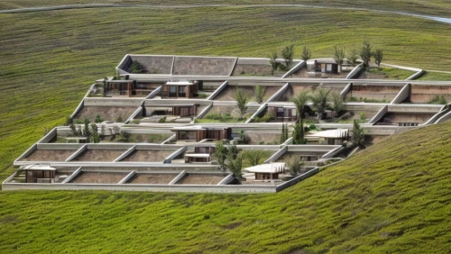 icelandic houses,grass roof,cube stilt houses,escher village,terraced,stilt houses,dunes house,mountain settlement,russian pyramid,eco hotel,model house,rice terrace,terraces,eco-construction,roof landscape,house in mountains,house roofs,mud village,stilt house,roman villa,Architecture,General,Modern,Mid-Century Modern