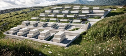 terraces,solar cell base,cube stilt houses,eco hotel,concrete blocks,eco-construction,megalith facility harhoog,hydropower plant,3d rendering,building valley,mountain huts,terraced,ski facility,cubic house,archidaily,mountain settlement,amphitheater,grass roof,wekerle battery,olympia ski stadium,Architecture,General,Modern,Elemental Architecture