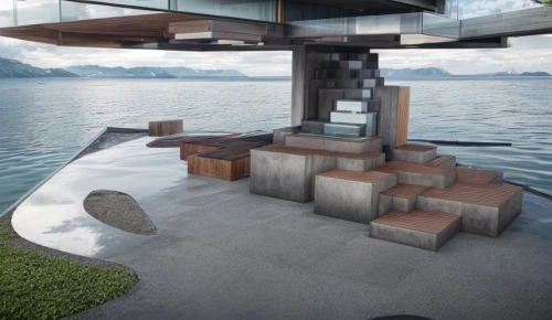 house by the water,house with lake,cube stilt houses,water stairs,houseboat,floating huts,cubic house,floating islands,boat dock,floating island,floating stage,dunes house,lake view,pool house,floating over lake,lago grey,cube house,concrete ship,3d rendering,boat house,Architecture,General,Modern,Garden Modern