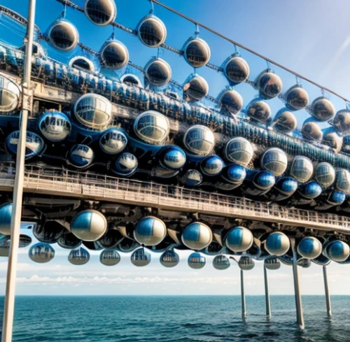 oil platform,floating production storage and offloading,glass balls,eastbourne pier,cooling tower,steel scaffolding,abacus,very large floating structure,cooling towers,offshore drilling,industrial tubes,passerelle,heavy water factory,newton's cradle,energy transition,pier 14,solar cell base,coconut water concentrate plant,brighton pier,spheres,Architecture,General,Modern,Creative Innovation
