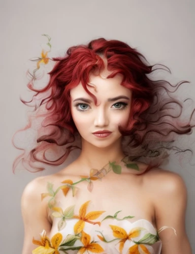 faery,faerie,flower fairy,dryad,fae,poison ivy,cupido (butterfly),fairy queen,elven flower,image manipulation,wilted,painted lady,passionflower,fairy,tiger lily,acerola,fantasy portrait,red-haired,fantasy woman,girl in flowers