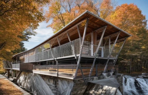 timber house,hydropower plant,moveable bridge,cubic house,inverted cottage,water mill,tree house hotel,covered bridge,archidaily,eco hotel,eco-construction,ski facility,wooden house,cube stilt houses,the cabin in the mountains,hydroelectricity,boat house,stilt house,wooden construction,log home