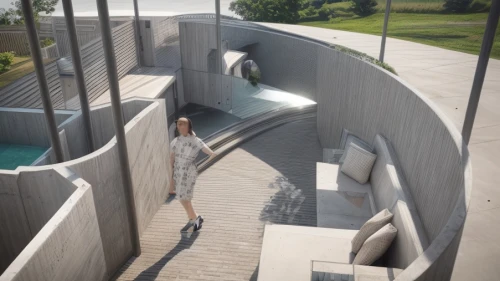 futuristic architecture,water stairs,3d rendering,outside staircase,futuristic art museum,moveable bridge,winding staircase,modern architecture,sewage treatment plant,circular staircase,concrete pipe,exposed concrete,walkway,archidaily,handrail,wheelchair accessible,infinity swimming pool,staircase,underground garage,modern house,Architecture,General,Modern,Bauhaus