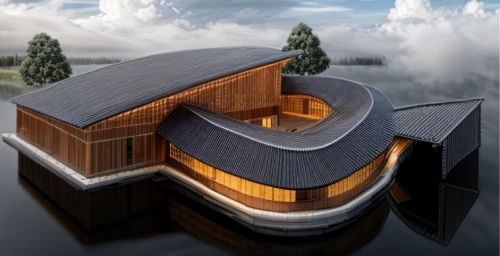 archidaily,timber house,japanese architecture,3d rendering,floating island,house with lake,floating huts,eco-construction,wooden house,log home,dunes house,kirrarchitecture,futuristic architecture,chinese architecture,asian architecture,modern architecture,residential house,house shape,boat house,aqua studio