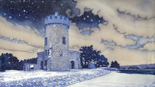 water tower,white tower,watertower,knight's castle,observatory,castle of the corvin,winter house,château,ice castle,peter-pavel's fortress,night scene,fairy tale castle,winter landscape,snow scene,castle,christmas landscape,ghost castle,stone tower,fairytale castle,night snow