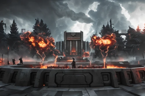 hall of the fallen,necropolis,mausoleum ruins,pillar of fire,destroyed city,end-of-admoria,the ruins of the,door to hell,the conflagration,castle of the corvin,apocalyptic,city in flames,apocalypse,northrend,burning earth,ruins,destroy,theater of war,the end of the world,peter-pavel's fortress