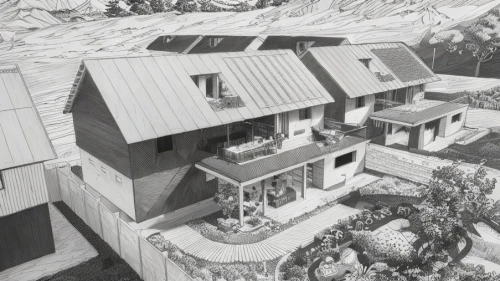 escher village,dunes house,timber house,roof construction,house roofs,house in the mountains,eco-construction,house in mountains,clay house,mountain hut,mountain huts,escher,model house,wooden houses,housetop,cube stilt houses,wooden construction,chalet,cubic house,inverted cottage,Art sketch,Art sketch,Fine Decoration