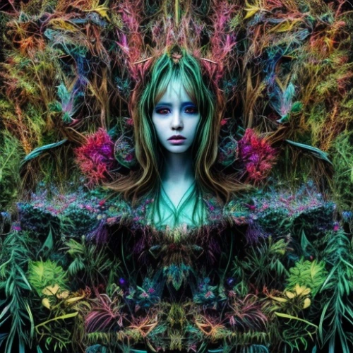 psychedelic art,dryad,hallucinogenic,fairy peacock,faerie,faery,psychedelic,flora,the enchantress,fractals art,anahata,kahila garland-lily,green mermaid scale,mother nature,shamanic,peacock,sativa,apophysis,passionflower,mystical portrait of a girl,Common,Common,Film