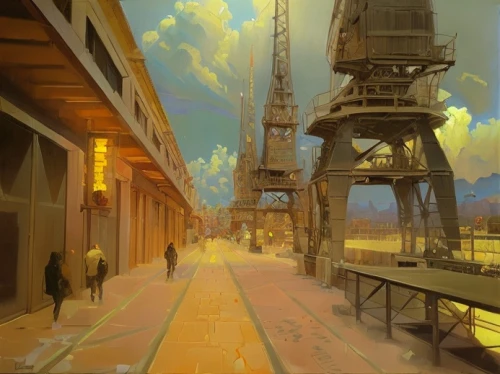 industrial landscape,ship yard,post-apocalyptic landscape,shipyard,yellow sky,yellow machinery,under the moscow city,container cranes,seaport,docks,street scene,industrial area,world digital painting,metropolis,cargo port,city scape,urban landscape,cityscape,harbor cranes,port cranes