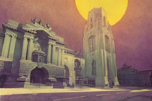 vintage illustration,defense,cathedral,travel poster,metropolis,temples,the cathedral,1925,basilica,1929,haunted cathedral,1926,1921,the basilica,notre dame,portal,de ville,1920s,odessa,1952
