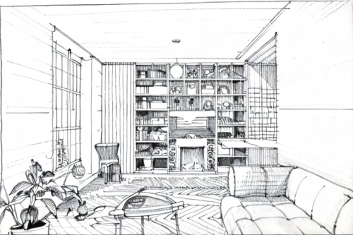 an apartment,study room,bookshelves,apartment,shelving,bookcase,house drawing,reading room,library,renovation,architect plan,shelves,pencils,bookshelf,apartments,archidaily,school design,pantry,dormitory,layout,Design Sketch,Design Sketch,Hand-drawn Line Art