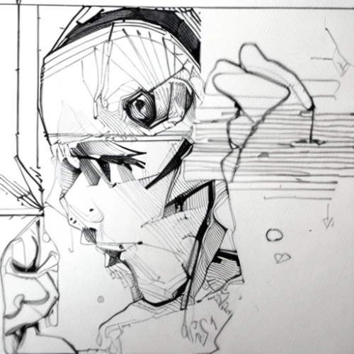 mono-line line art,pencils,mono line art,comic halftone,cyborg,arrow line art,halftone,comic character,line-art,detail shot,game drawing,pencil lines,wireframe,diving mask,eyes line art,line art,spawn,augmented,cyclops,spider bouncing