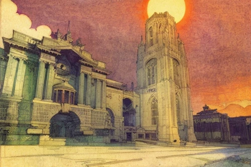 basilica,the cathedral,cathedral,templedrom,church painting,duomo,portal,1925,1921,lithograph,the basilica,1926,palais de chaillot,cathedral of modena,coventry,1929,collegiate basilica,temple fade,dusk,st mary's cathedral