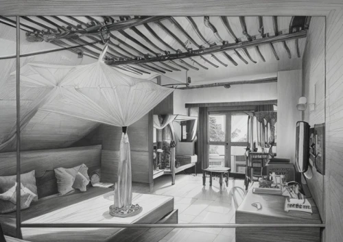 mosquito net,children's bedroom,canopy bed,japanese-style room,attic,four poster,bedroom,four-poster,inverted cottage,sleeping room,cocoon,home interior,tent at woolly hollow,bannack camping tipi,children's interior,hanging chair,indian tent,hammock,loft,timber house,Art sketch,Art sketch,Ultra Realistic