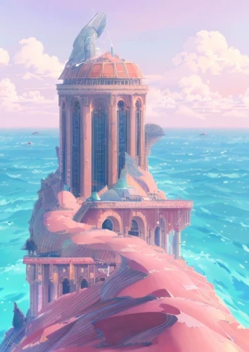 atlantis,house of the sea,water castle,ocean,cube sea,artificial island,floating island,the endless sea,pillars,ocean paradise,mushroom island,aqua studio,sea,artemis temple,exploration of the sea,the sea,open sea,coral reef,island,sea fantasy,Common,Common,Japanese Manga