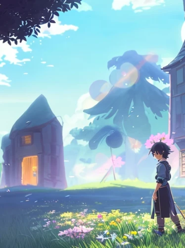studio ghibli,mushroom landscape,dandelion hall,violet evergarden,blooming field,little girl in wind,springtime background,dream world,atmosphere,cloud mushroom,home or lost,wander,suitcase in field,home landscape,summer evening,clover meadow,scythe,idyllic,house silhouette,spring background,Common,Common,Japanese Manga