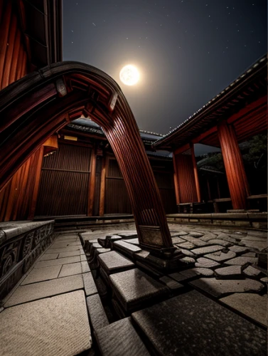 wooden roof,planetarium,starscape,roof landscape,nightscape,night image,wooden path,observatory,3d render,wooden beams,3d rendering,shinto shrine,night view of red rose,walkway,buddhist temple,japanese shrine,illuminated lantern,wooden church,night photograph,night light,Realistic,Landscapes,Mystical Spaces