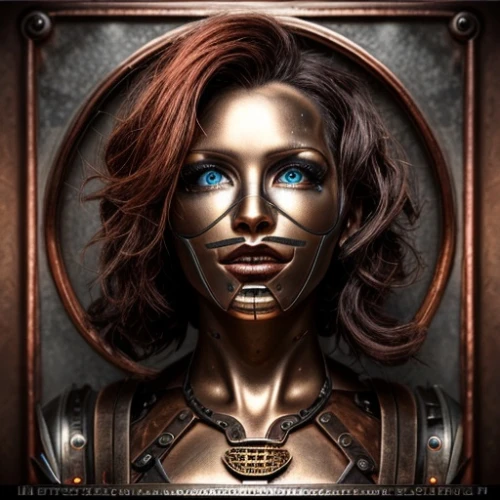 symetra,head woman,woman face,humanoid,copper frame,robot icon,cybernetics,female warrior,cyborg,transistor,bot icon,biomechanical,warrior woman,celtic queen,steampunk,darth talon,breastplate,woman's face,fantasy portrait,tears bronze,Common,Common,Fashion