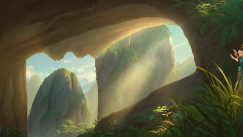 backgrounds,karst landscape,background with stones,druid grove,cartoon video game background,ravine,rainforest,fantasy landscape,mountain scene,landscape background,mushroom landscape,forest background,jungle,mountain spring,limestone cliff,elven forest,mountain world,background screen,forest glade,the spirit of the mountains,Game&Anime,Pixar 3D,Pixar 3D