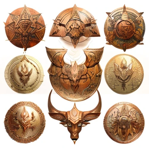 mod ornaments,shields,horns,tribal masks,ornaments,helmet plate,zodiac,vikings,scarabs,tribal arrows,crown icons,decorative arrows,the order of the fields,bronze wall,steampunk gears,golden medals,compasses,shield,bronze,moths,Game&Anime,Manga Characters,Wabi-sabi