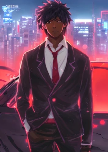 a black man on a suit,black businessman,persona,would a background,dark suit,yukio,dusk background,novelist,red tie,wiz,fire red eyes,gangstar,suit,shinjuku,business man,black professional,butler,negroni,gin,mc,Common,Common,Japanese Manga