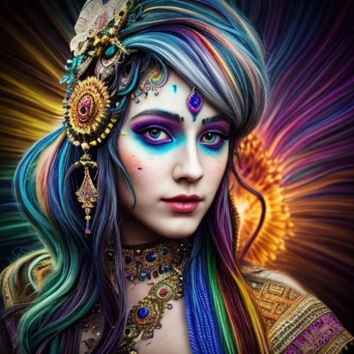 fantasy portrait,fantasy art,fairy peacock,psychedelic art,mystical portrait of a girl,boho art,rainbow unicorn,faery,gypsy soul,fantasy woman,unicorn art,the festival of colors,faerie,fantasy picture,prismatic,the enchantress,bohemian,fairy queen,priestess,cleopatra,Common,Common,Natural