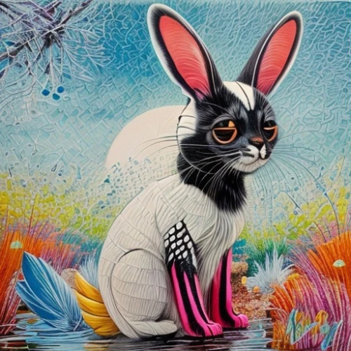 rainbow rabbit,easter bunny,american snapshot'hare,whimsical animals,deco bunny,cottontail,gray hare,white rabbit,rabbit,easter rabbits,hare,wild hare,rabbits and hares,wild rabbit,bunny,snowshoe hare,retro easter card,easter card,easter theme,hare of patagonia