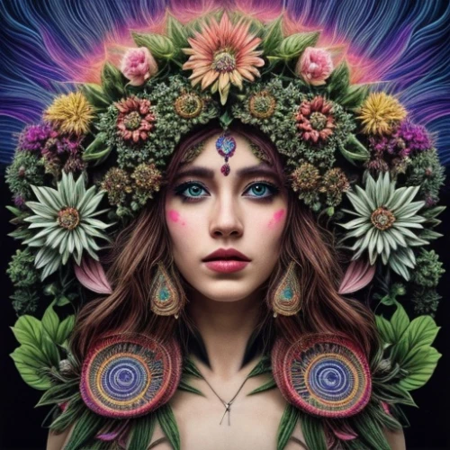 psychedelic art,crown chakra flower,boho art,girl in a wreath,fairy peacock,pachamama,cosmic flower,wreath of flowers,mandala flower,shamanic,headdress,girl in flowers,mystical portrait of a girl,shamanism,elven flower,flora,boho,sacred geometry,hippie,anahata,Common,Common,Film