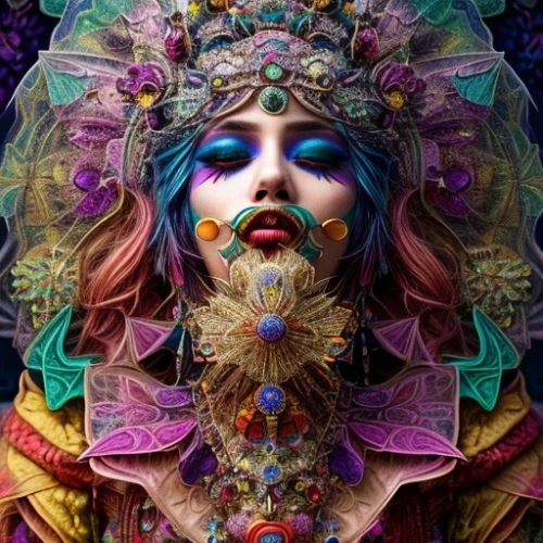masquerade,psychedelic art,fairy peacock,multicolor faces,fantasy portrait,kaleidoscope art,fractals art,psychedelic,peacock,bodypainting,baroque,baroque angel,bjork,mystical portrait of a girl,the enchantress,fantasy art,fractalius,boho art,fantasy woman,neon body painting,Common,Common,Fashion