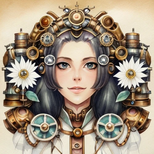 steampunk,steampunk gears,fantasy portrait,vanessa (butterfly),marina,priestess,artemisia,game illustration,cog,clockmaker,mechanical,elza,watchmaker,admiral,flora,sultana,alice,della,minerva,medusa,Game&Anime,Manga Characters,Watercolor