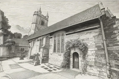 medieval street,church painting,crosshatch,the black church,1940,charcoal drawing,1940s,wayside chapel,vintage drawing,escher,medieval architecture,synagogue,crypt,lithograph,street scene,pencil drawing,braque du bourbonnais,black church,st mary's church,july 1888,Art sketch,Art sketch,15th Century