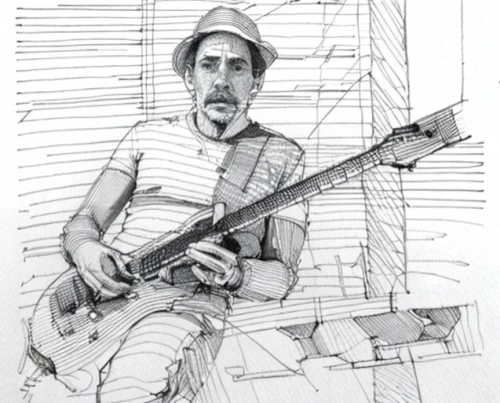 bass guitar,guitar player,slide guitar,bassist,guitar easel,itinerant musician,street musician,guitarist,cavaquinho,jazz bass,jazz guitarist,artist portrait,musician,sun bass,line drawing,charango,bass,bass banjo,sitar,e bass