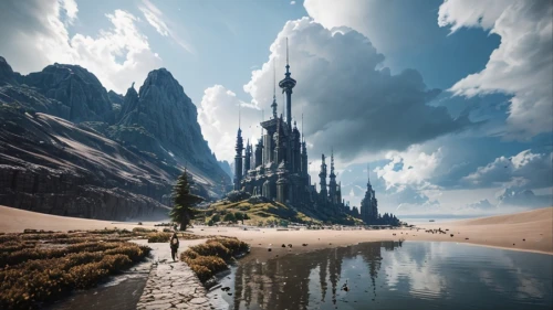 fantasy landscape,futuristic landscape,fantasy picture,3d fantasy,virtual landscape,alien world,landscape photography,fantasy art,imperial shores,landscape background,mountainous landscape,landscapes,nature landscape,minarets,fairy chimney,fantasy world,terraforming,photomanipulation,mountain world,skyrim,Common,Common,Game