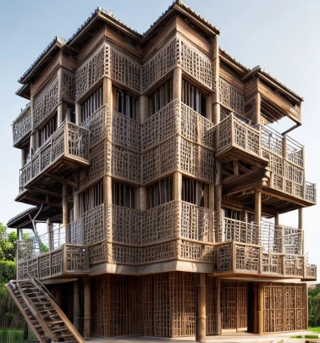 stilt house,tree house hotel,stilt houses,multi-story structure,timber house,cube stilt houses,cubic house,tree house,observation tower,wooden facade,wooden construction,animal tower,multi-storey,residential tower,wooden house,treehouse,outdoor structure,wood structure,two story house,asian architecture,Architecture,General,African Tradition,Floating Homes